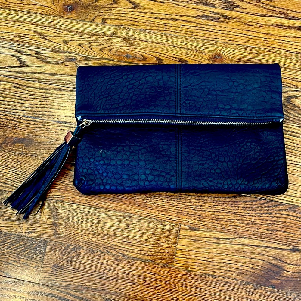 ModaLuxe Black Faux Leather Clutch With Crossbody Strap